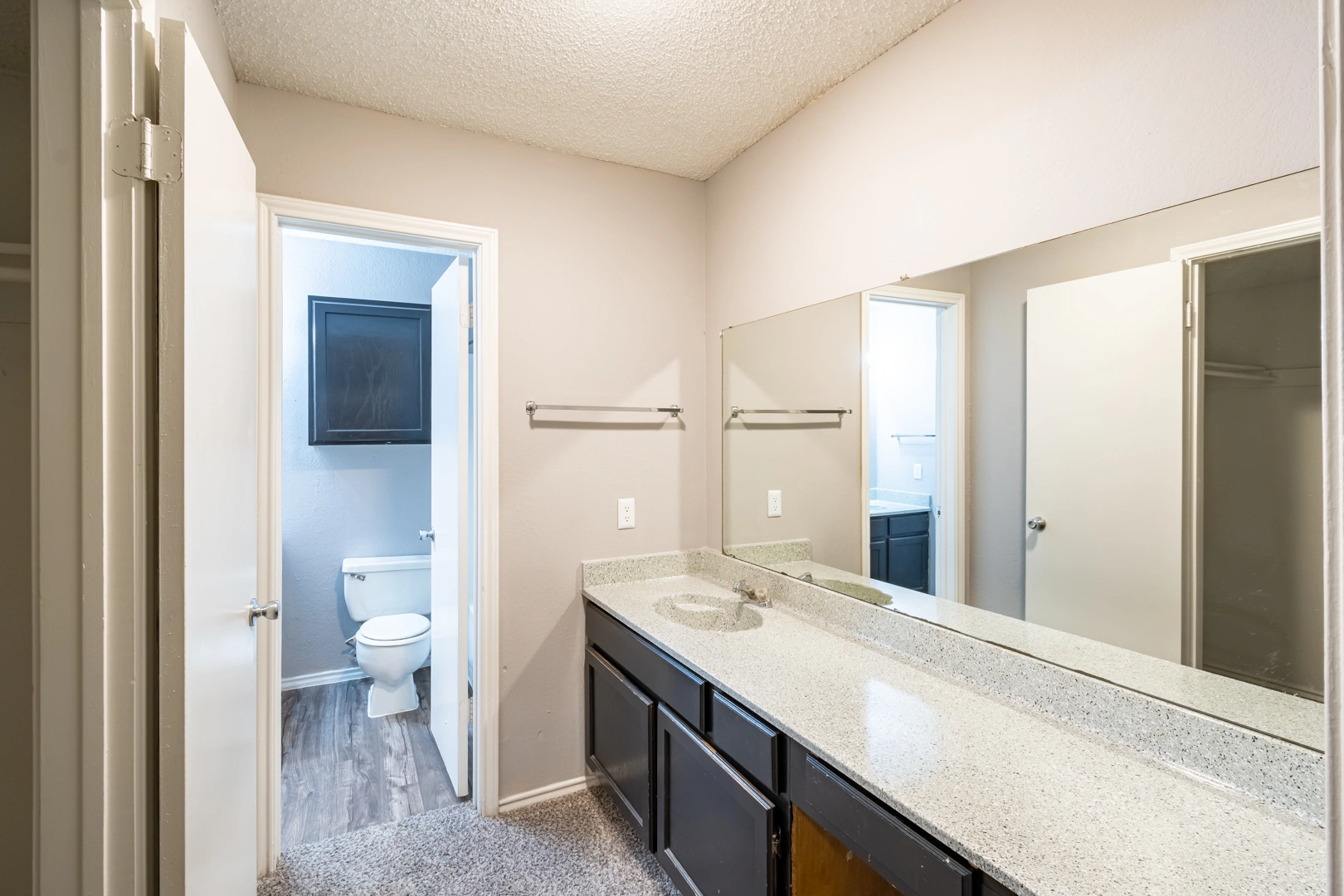 Long bathroom vanity and mirror at La Prada Place Apartment Homes