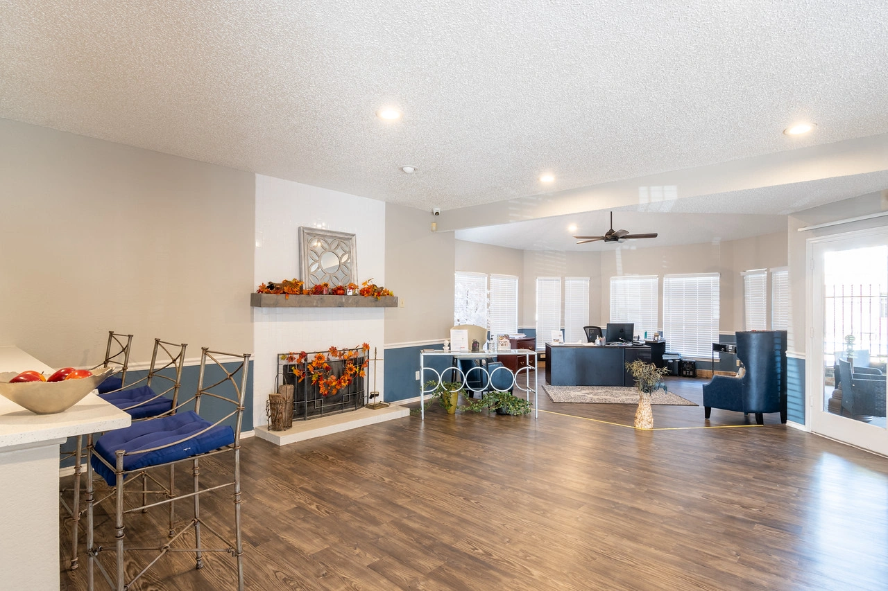 Clubhouse fireplace hearth at La Prada Place Apartment Homes