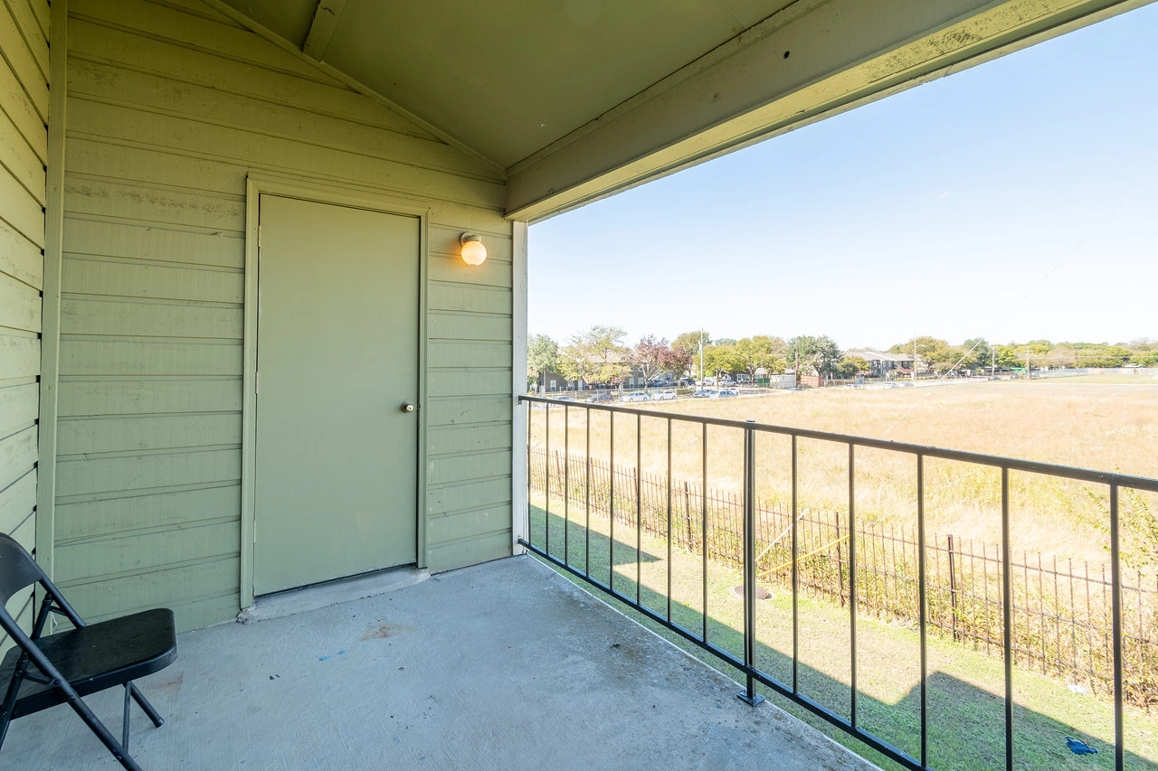 Balcony storage and green views at La Prada Place Apartment Homes